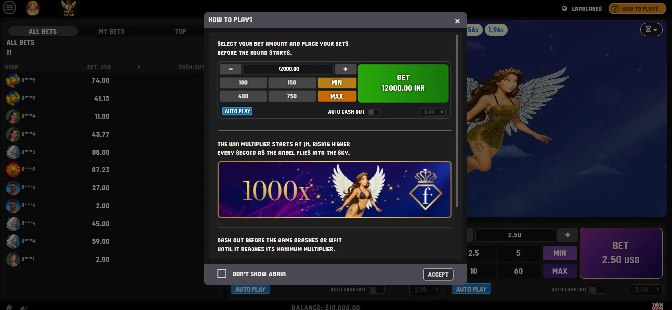 How to Play modal explaining bets and the rising multiplier