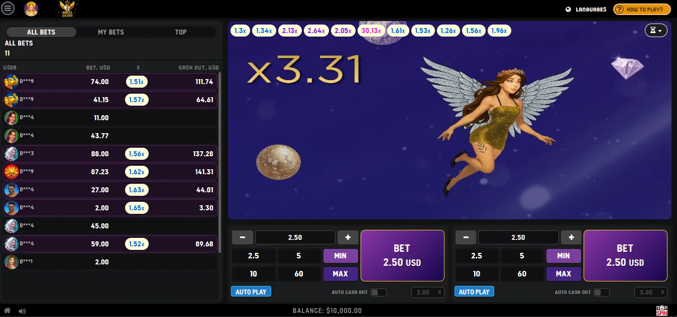 Live round in progress with the angel ascending and a x3.31 multiplier